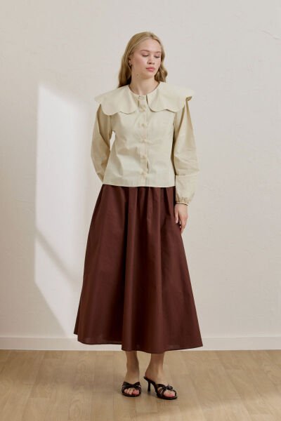 Krem Papatya Yaka Crop Gömlek & Acı Kahve Balon Etek