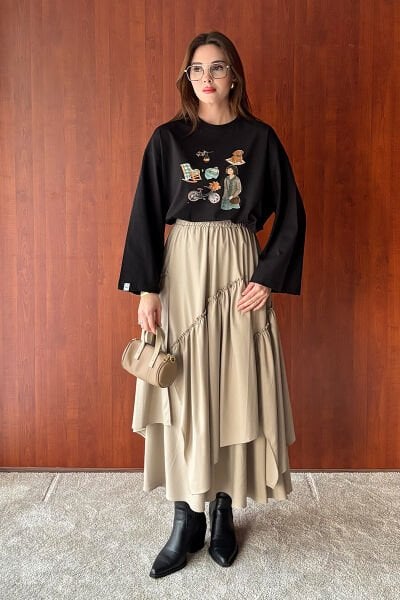 Siyah Bisiklet Baskılı Basic Body & Vizon Poliviskon Bohem Kat Etek Takım