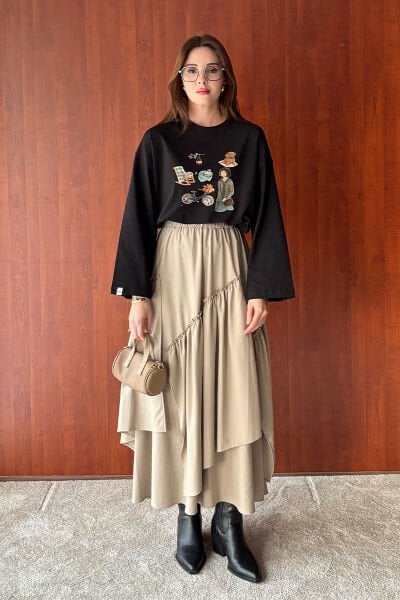 Siyah Bisiklet Baskılı Basic Body & Vizon Poliviskon Bohem Kat Etek Takım