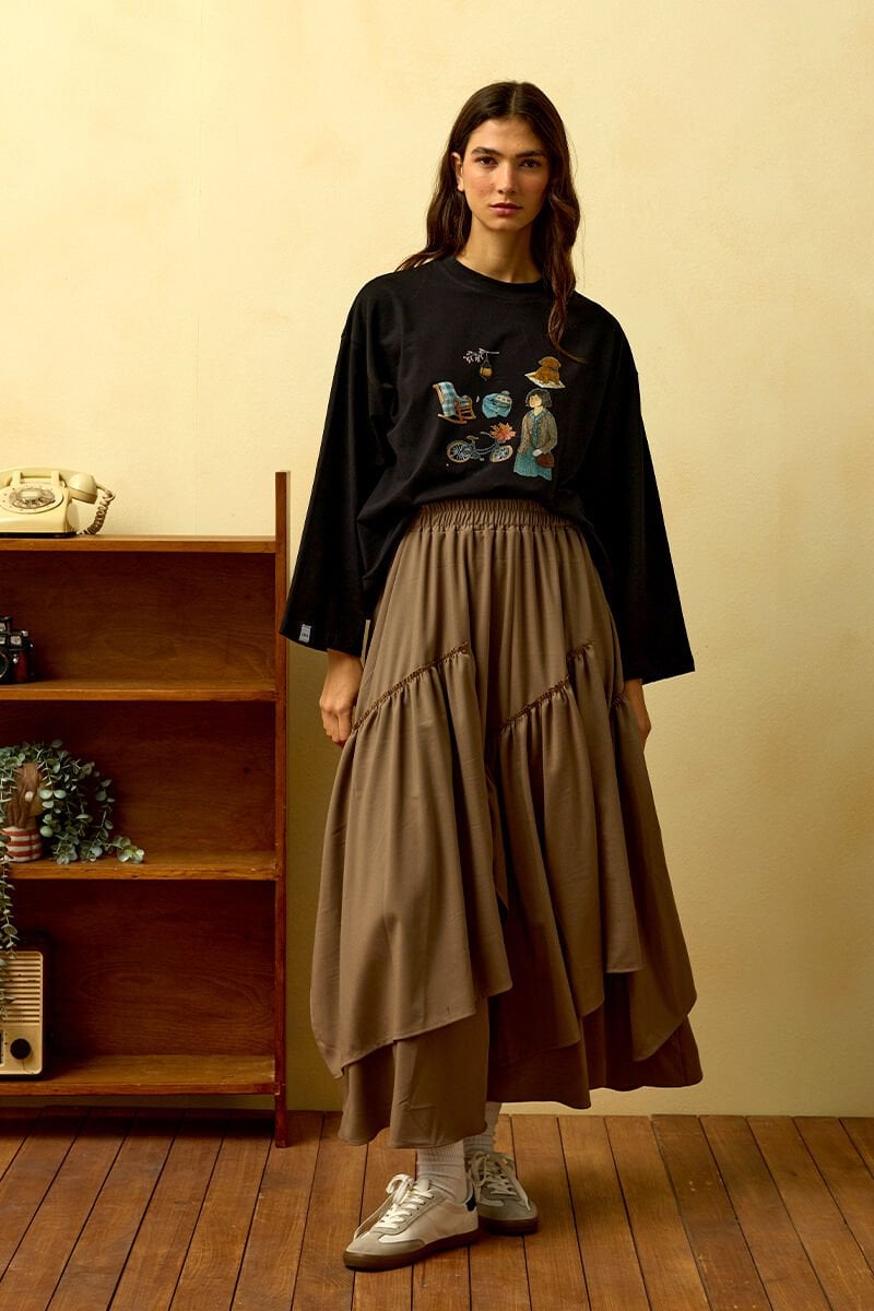 Siyah Bisiklet Baskılı Basic Body & Vizon Poliviskon Bohem Kat Etek Takım