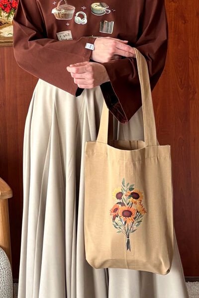 Sütlü Kahve Ay Çiçeği Baskılı Keten Çanta
