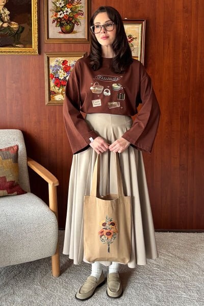 Sütlü Kahve Ay Çiçeği Baskılı Keten Çanta