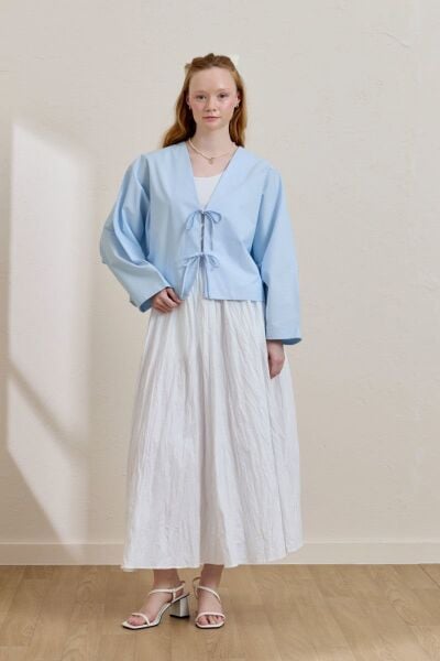 Soft Mavi 2 Fiyonklu Ceket & Beyaz Kraşlı Balon Etek Takım