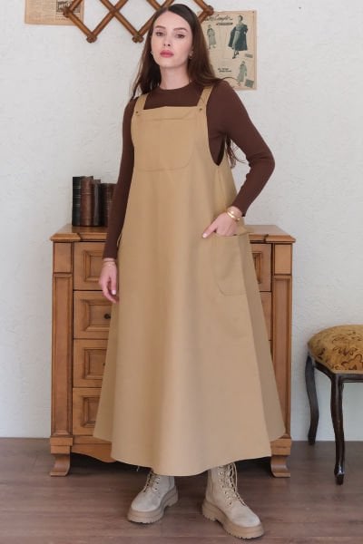 Sütlü Kahve Keten Etekli Salopet