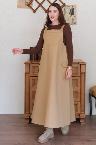 Sütlü Kahve Keten Etekli Salopet