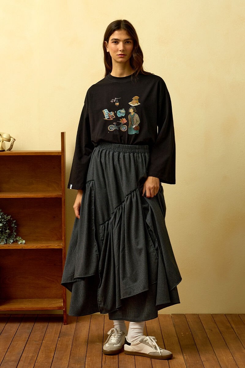 Siyah Bisiklet Baskılı Basic Body & Antrasit Çizgili Poliviskon Bohem Etek Kat Takım