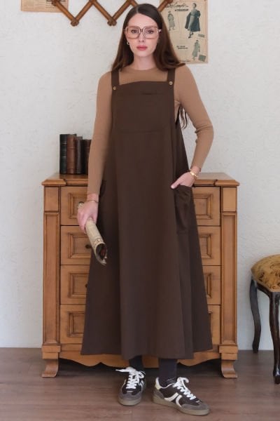 Acı Kahve Keten Etekli Salopet