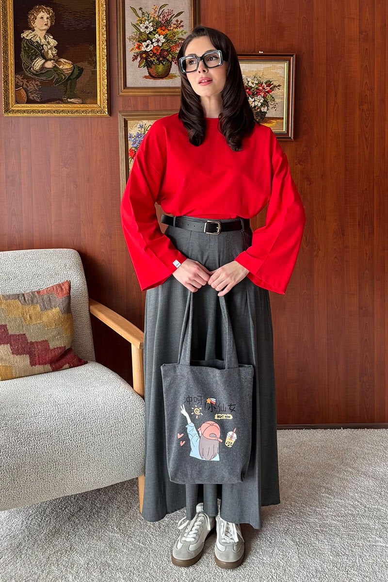 Antrasit Şapkalı Kız Baskılı Kaşe Çanta