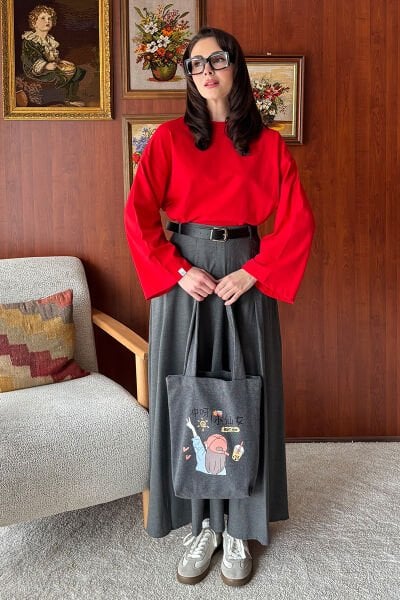 Antrasit Şapkalı Kız Baskılı Kaşe Çanta