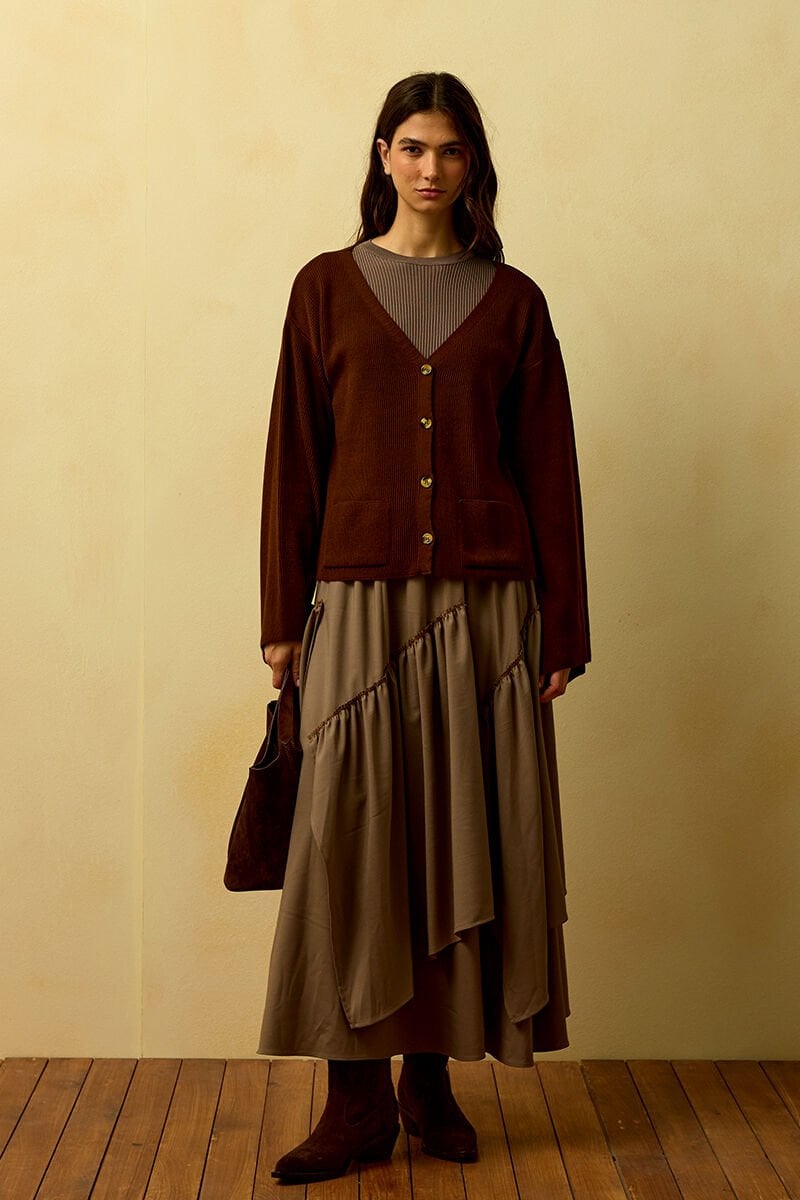 Acı Kahve İspanyol Kol Triko Hırka & Vizon Poliviskon Bohem Kat Etek Takım