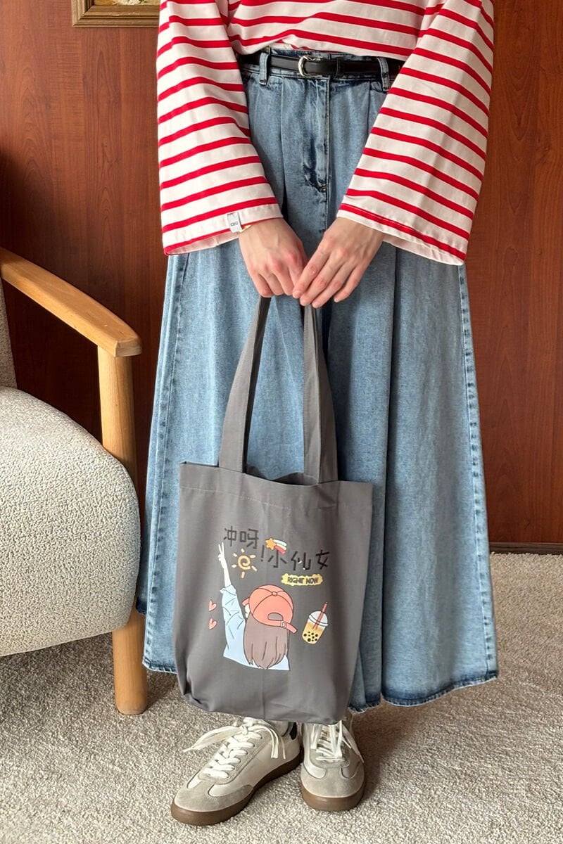 Antrasit Şapkalı Kız Baskılı Keten Çanta