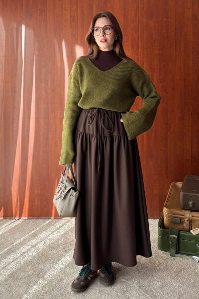 Acı Kahve Fırfır Detay Poliviskon Etek