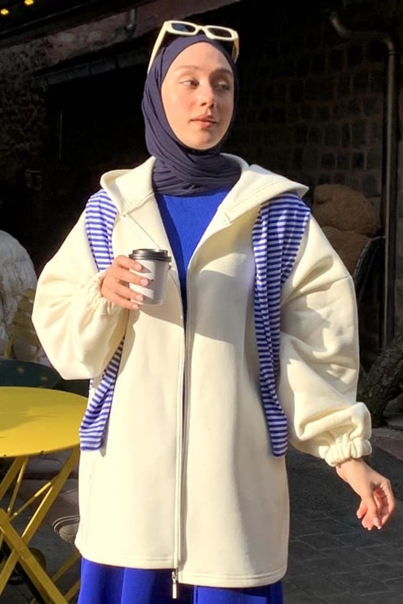 Krem 3 İplik Kapüşonlu Hırka