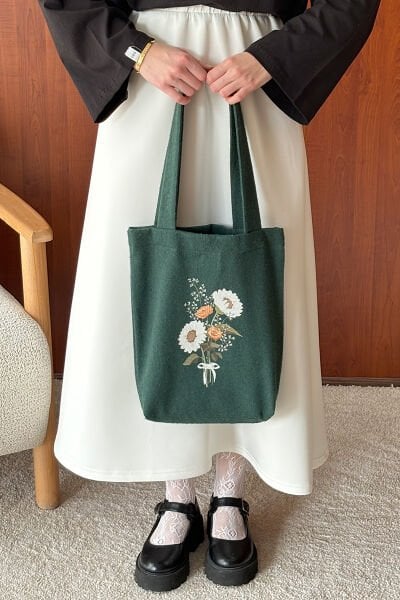 Haki Papatya Baskılı Kaşe Çanta