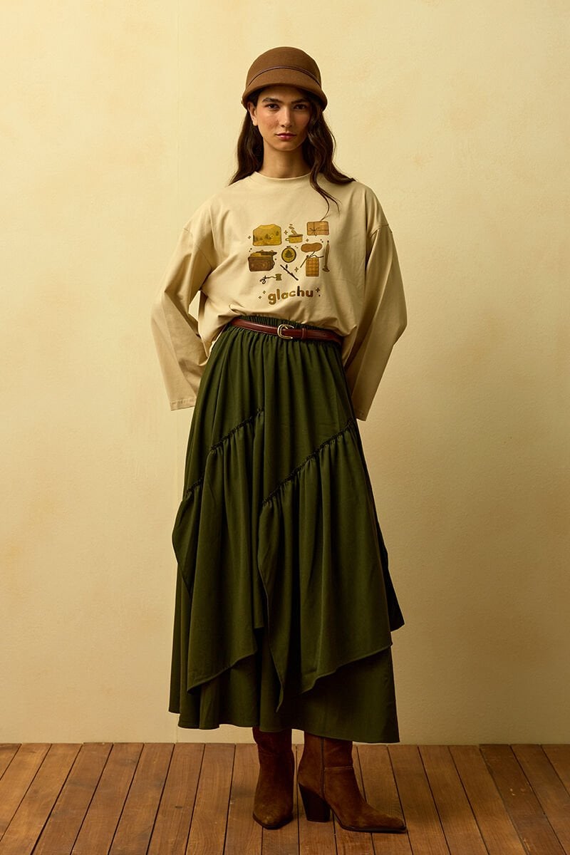 Bej Glochu Baskılı Basic Body & Haki Poliviskon Bohem Kat Etek Takım