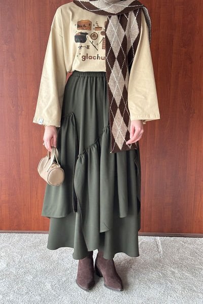 Bej Glochu Baskılı Basic Body & Haki Koton Bohem Kat Etek Takım