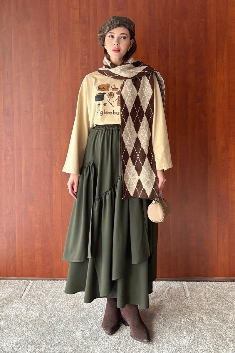 Bej Glochu Baskılı Basic Body & Haki Poliviskon Bohem Kat Etek Takım