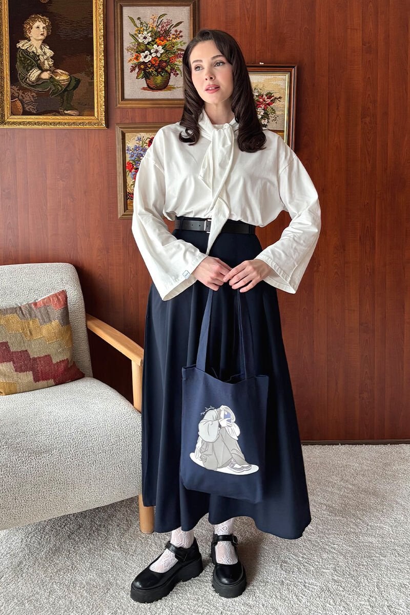 Lacivert Kız Baskılı Keten Çanta