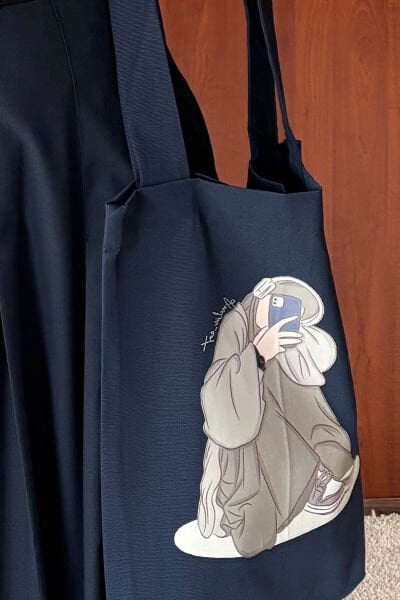 Lacivert Kız Baskılı Keten Çanta