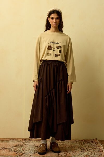 Bej Vintage Baskılı Basic Body & Acı Kahve Koton Bohem Kat Etek Takım