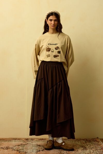 Bej Vintage Baskılı Basic Body & Acı Kahve Koton Bohem Kat Etek Takım