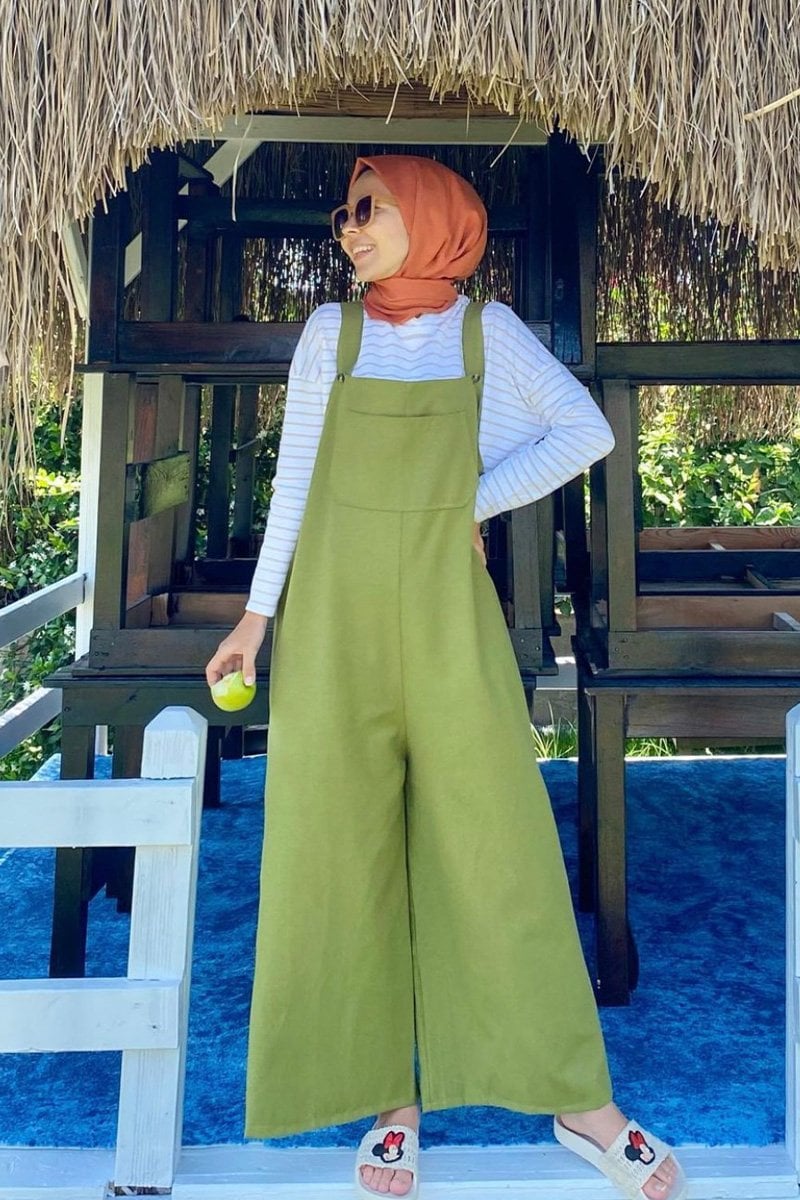 Yağ Yeşili Keten Salopet Tulum / Harmandalı