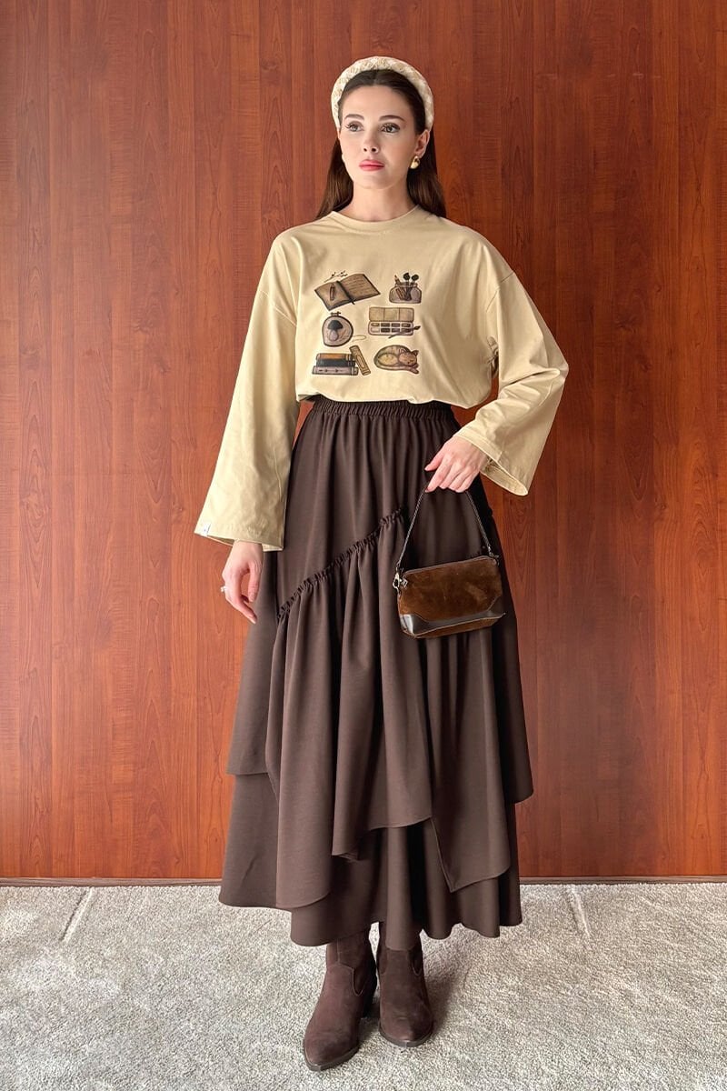 Bej Kitap Baskılı Basic Body & Acı Kahve Poliviskon Bohem Kat Etek Takım