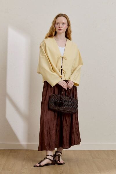 Tereyağ Sarısı 2 Fiyonklu Ceket & Acı Kahve Kraşlı Balon Etek Takım