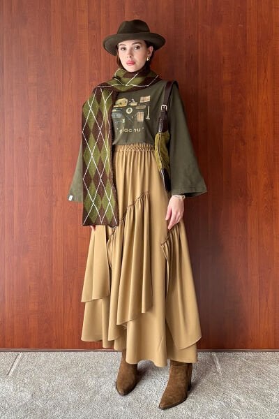 Haki Glochu Baskılı Basic Body & Karamel Poliviskon Bohem Kat Etek Takım