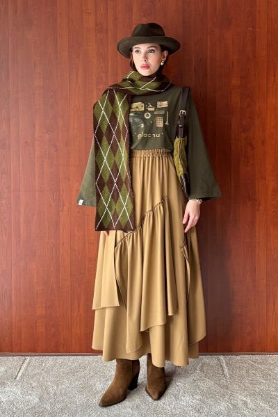 Haki Glochu Baskılı Basic Body & Karamel Poliviskon Bohem Kat Etek Takım