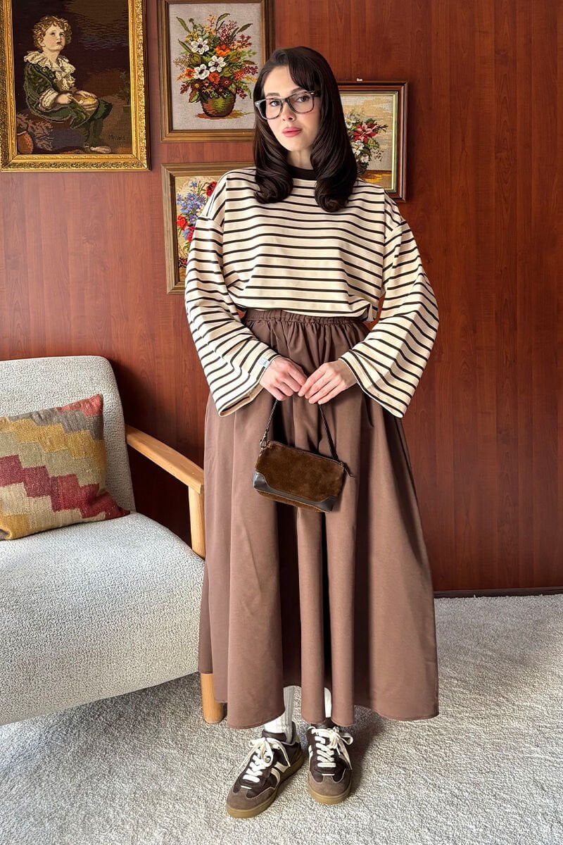 Acı Kahve 2 İplik Çizgili body & Acı Kahve Balon Etek Takım