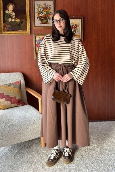 Acı Kahve 2 İplik Çizgili body & Acı Kahve Balon Etek Takım