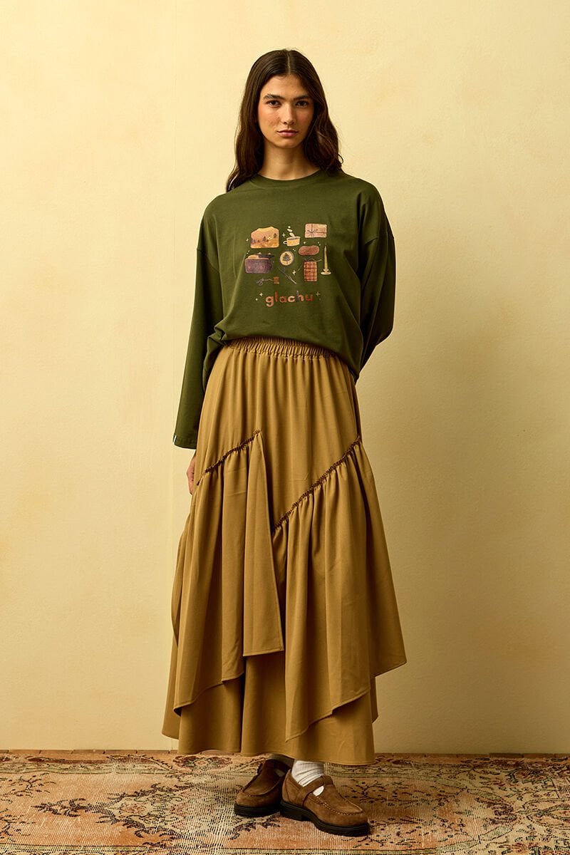 Haki Glochu Baskılı Basic Body & Karamel Poliviskon Bohem Kat Etek Takım