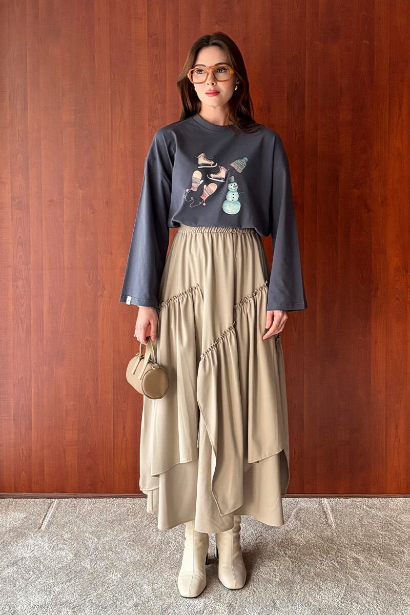 Antrasit Winter Baskılı Basic Body & Vizon Poliviskon Bohem Kat Etek Takım