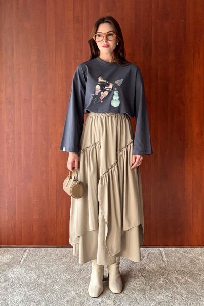 Antrasit Winter Baskılı Basic Body & Vizon Poliviskon Bohem Kat Etek Takım