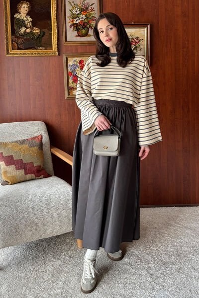 Antrasit 2 İplik Çizgili body & Antrasit Balon Etek Takım