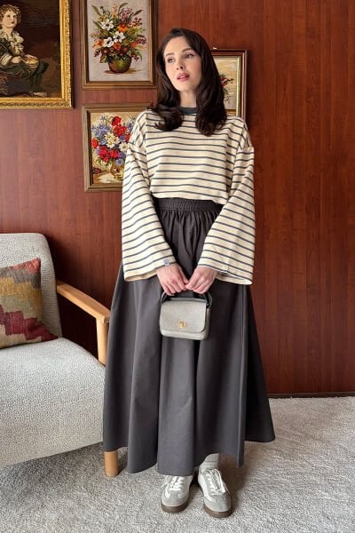 Antrasit 2 İplik Çizgili body & Antrasit Balon Etek Takım