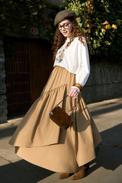 Ekru Bisiklet Baskılı Basic Body & Karamel Poliviskon Bohem Kat Etek Takım