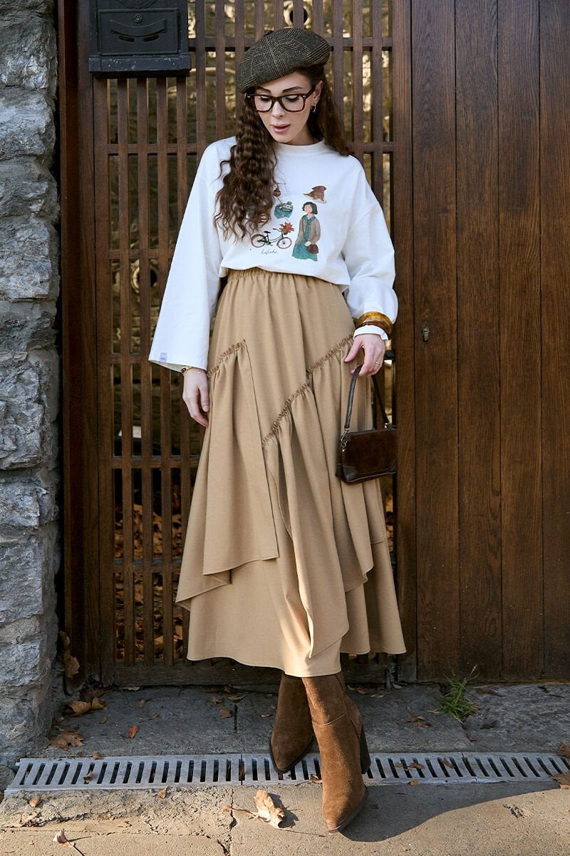 Ekru Bisiklet Baskılı Basic Body & Karamel Poliviskon Bohem Kat Etek Takım