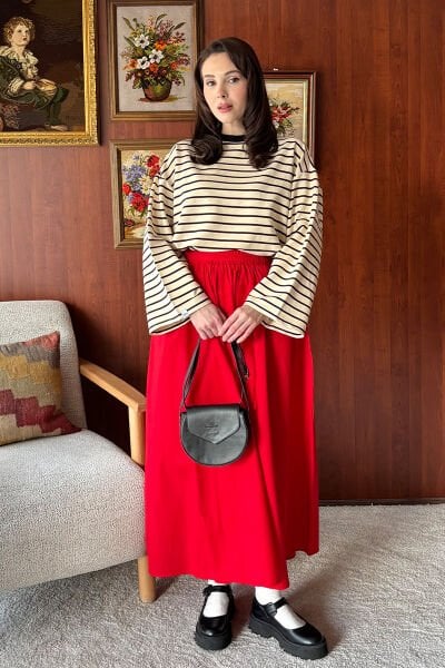 Siyah 2 İplik Çizgili Body & Antrasit Balon Etek Takım