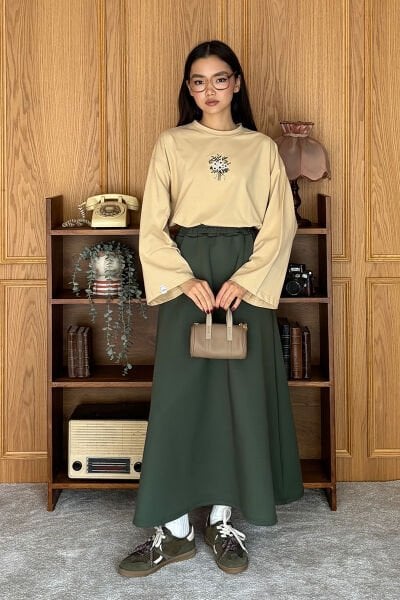 Bej Nakışlı Body & Haki Scuba Etek Takım