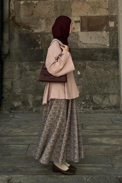 Soft Pembe Organik Keten Volümlü Bluz & Tozlu Çiçek Nervürlü Etek