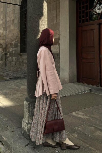 Soft Pembe Organik Keten Volümlü Bluz & Tozlu Çiçek Nervürlü Etek