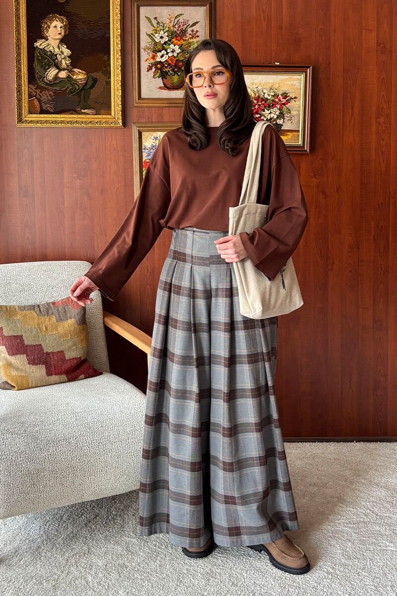 Antrasit Ekoseli Pile Detay Palazzo Pantolon