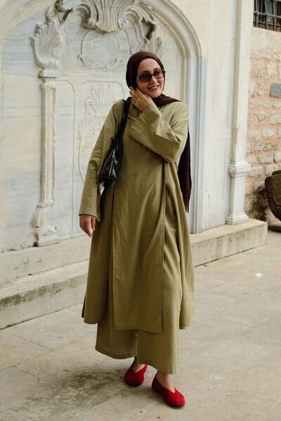 Çağla Organik Keten Parçalı Tunik Pantolon Takım