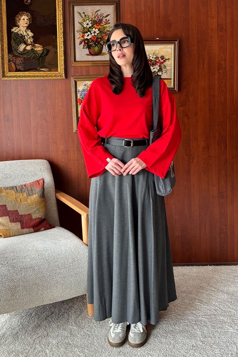 Kırmızı Boydy & Bordo Poliviskon Kolej Etek Takım