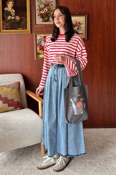 Kırmızı Çizgili Body & Buz Mavisi Tek Düğmeli Etek Takım