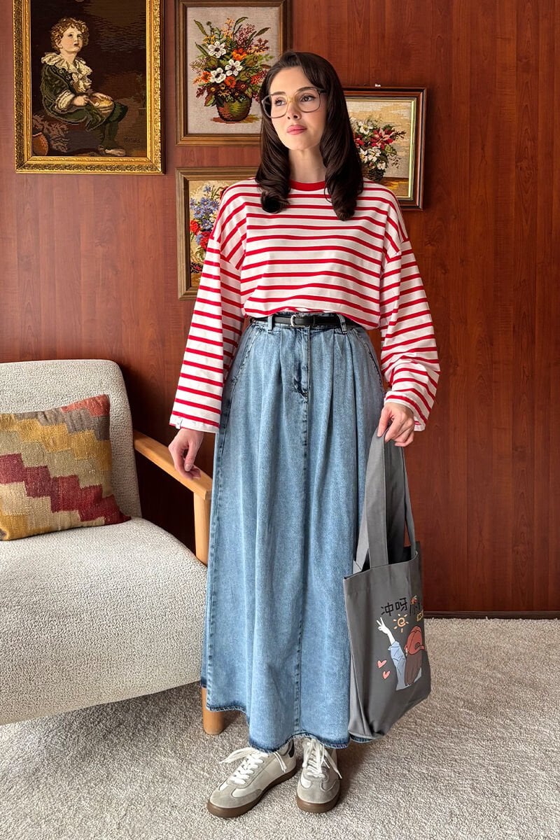 Kırmızı Çizgili Body & Buz Mavisi Tek Düğmeli Etek Takım