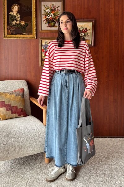 Kırmızı Çizgili Body & Buz Mavisi Tek Düğmeli Etek Takım