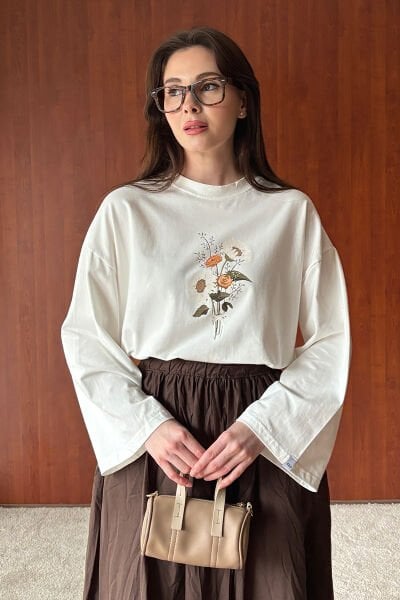 Ekru Papatya Baskılı Basic Body & Acı Kahve Kraşlı Balon Etek Takım